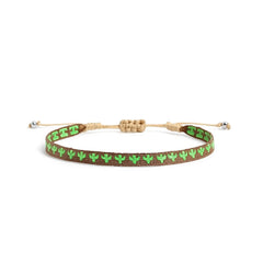 Mens rope bracelet in brown with green cactus pattern, adjustable cord, and silver bead ends