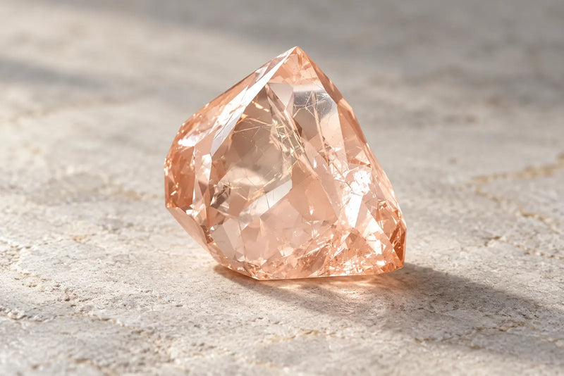 Morganite: faceted peach-pink gemstone Faceted peach-pink morganite with a pointed outline on a light stone surface.