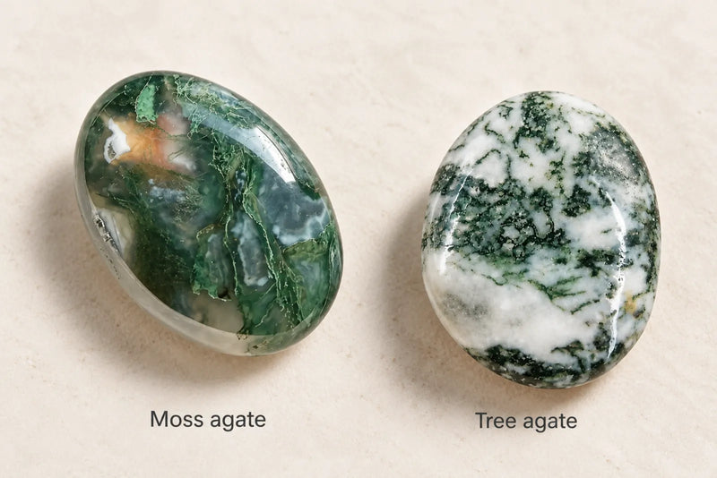 Moss Agate vs Tree Agate Comparison Side-by-side illustration labeled moss agate and tree agate, comparing green patterns and pale backgrounds.