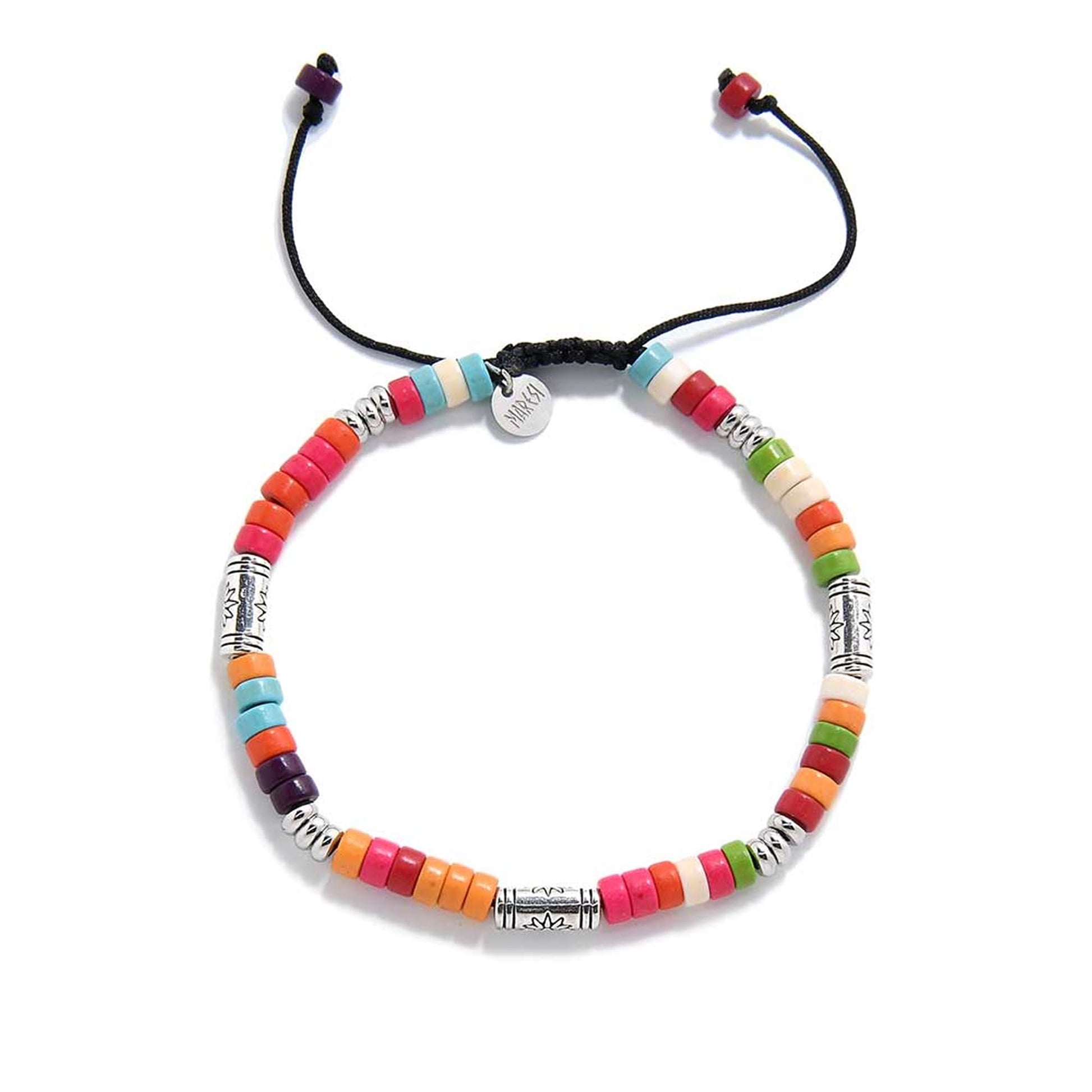 Top view of circular multicolored beaded bracelet with adjustable cord