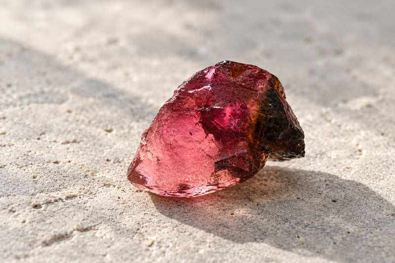 Pink tourmaline: rough pink crystal Rough pink tourmaline with a translucent center and darker outer edges.