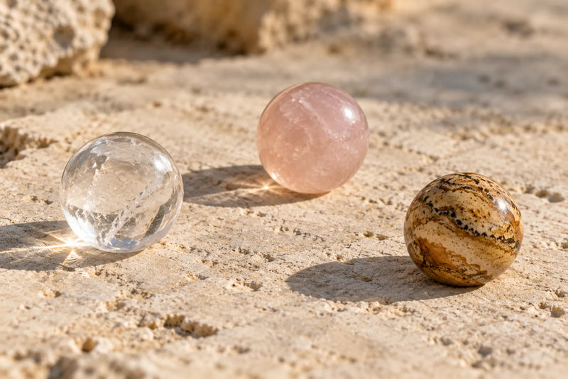 Quartz for jewelry: transparent and opaque stones Clear quartz, rose quartz and picture jasper spheres comparing transparent, cloudy and opaque jewelry stones.