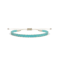 Rope Bracelet Mens style in turquoise with pale blue chevron pattern, adjustable cord, and bead ends