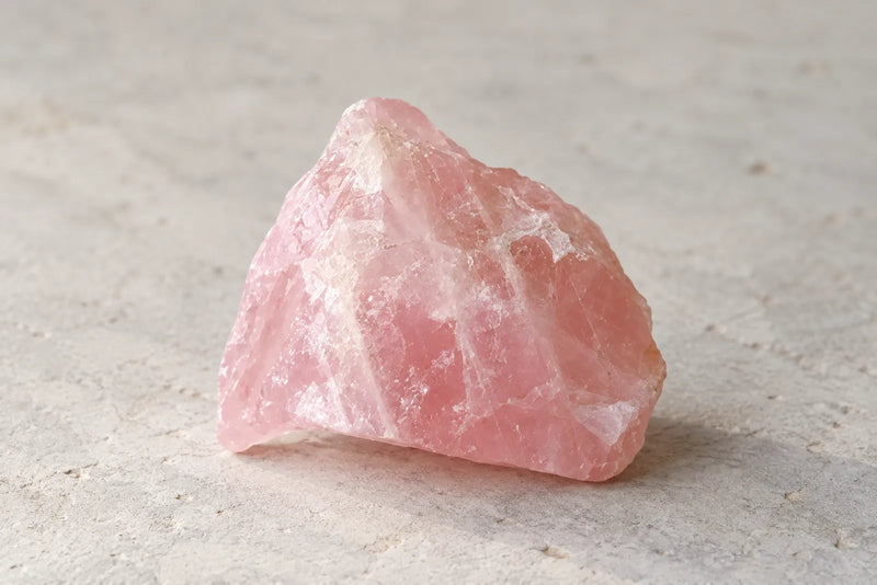 Rose quartz: rough pink specimen Rough rose quartz with a cloudy pale-pink color on a light stone surface.