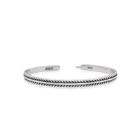 Silver Mens Bracelet cuff with feather-style engraving, polished open band, and stamped ends