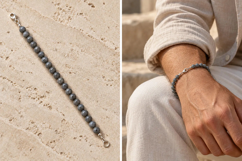 Stringing Beads: gray beaded bracelet with a lobster clasp, shown flat on stone and worn on a wrist.