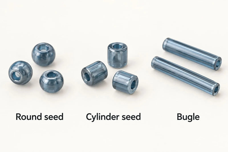 Round Seed, Cylinder Seed, and Bugle Beads Round seed beads, cylinder seed beads, and bugle beads shown side by side with labels.