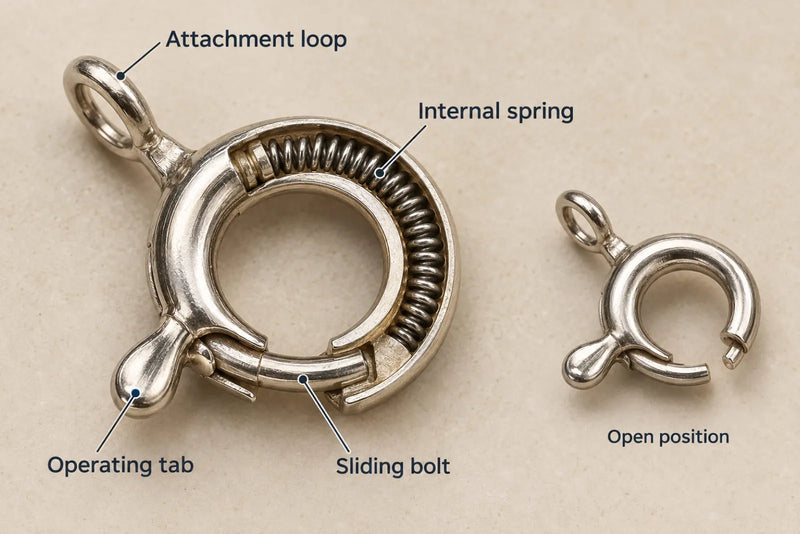 Types of Bracelet Clasps: Spring-Ring Mechanism Types of bracelet clasps: spring-ring cutaway labeling the spring, operating tab and bolt beside an open view.