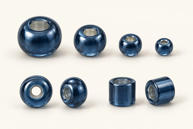 Types of Seed Beads in blue, showing four graduated round bead sizes above close-ups of round and cylinder shapes.