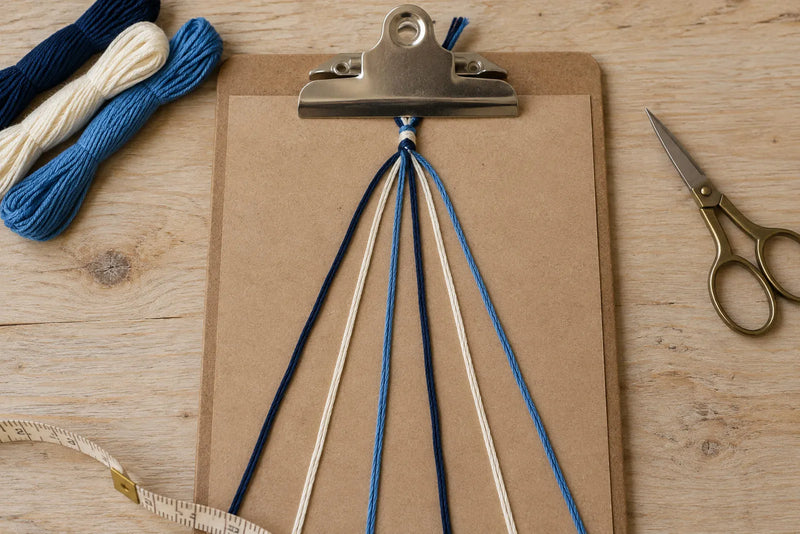 Six navy, ivory, and blue strings secured to a clipboard beside embroidery floss, scissors, and measuring tape.