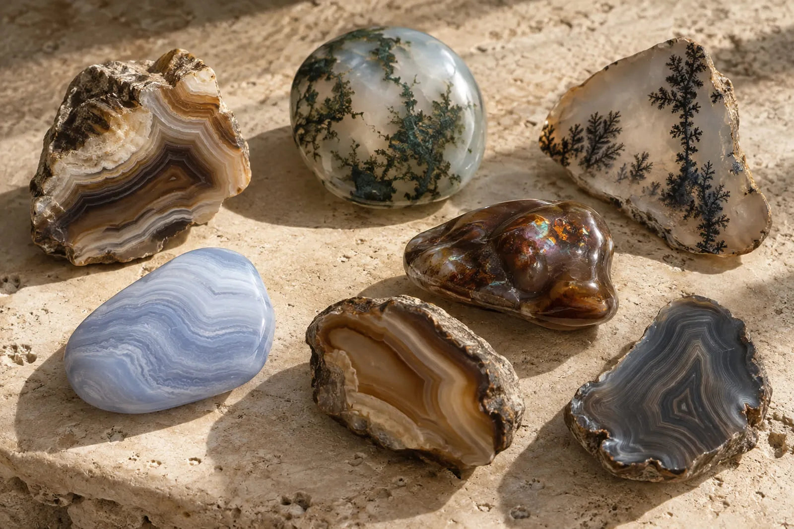 Agate meaning illustrated with banded agate, moss agate, dendritic agate, fire agate and blue lace agate on natural stone