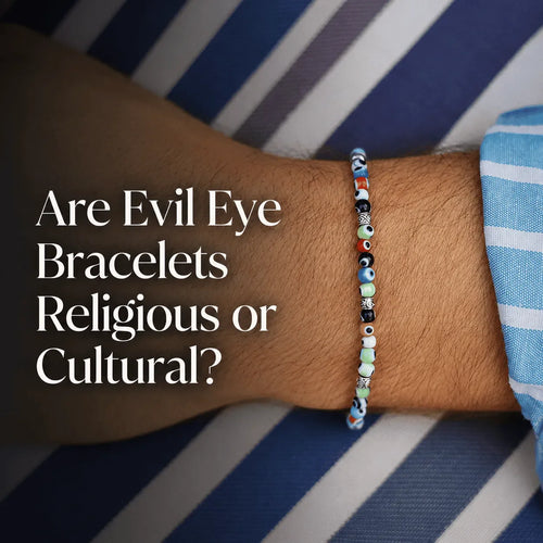 Are Evil Eye Bracelets Religious or Cultural? Men’s evil eye bracelet on wrist with editorial blog text.
