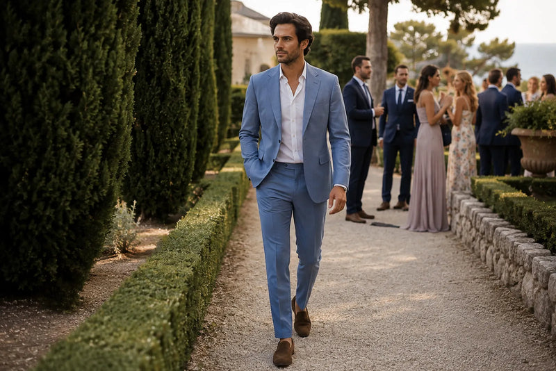 Beach wedding attire for men featuring a light blue suit, white open-collar shirt, and brown suede loafers at a coastal wedding