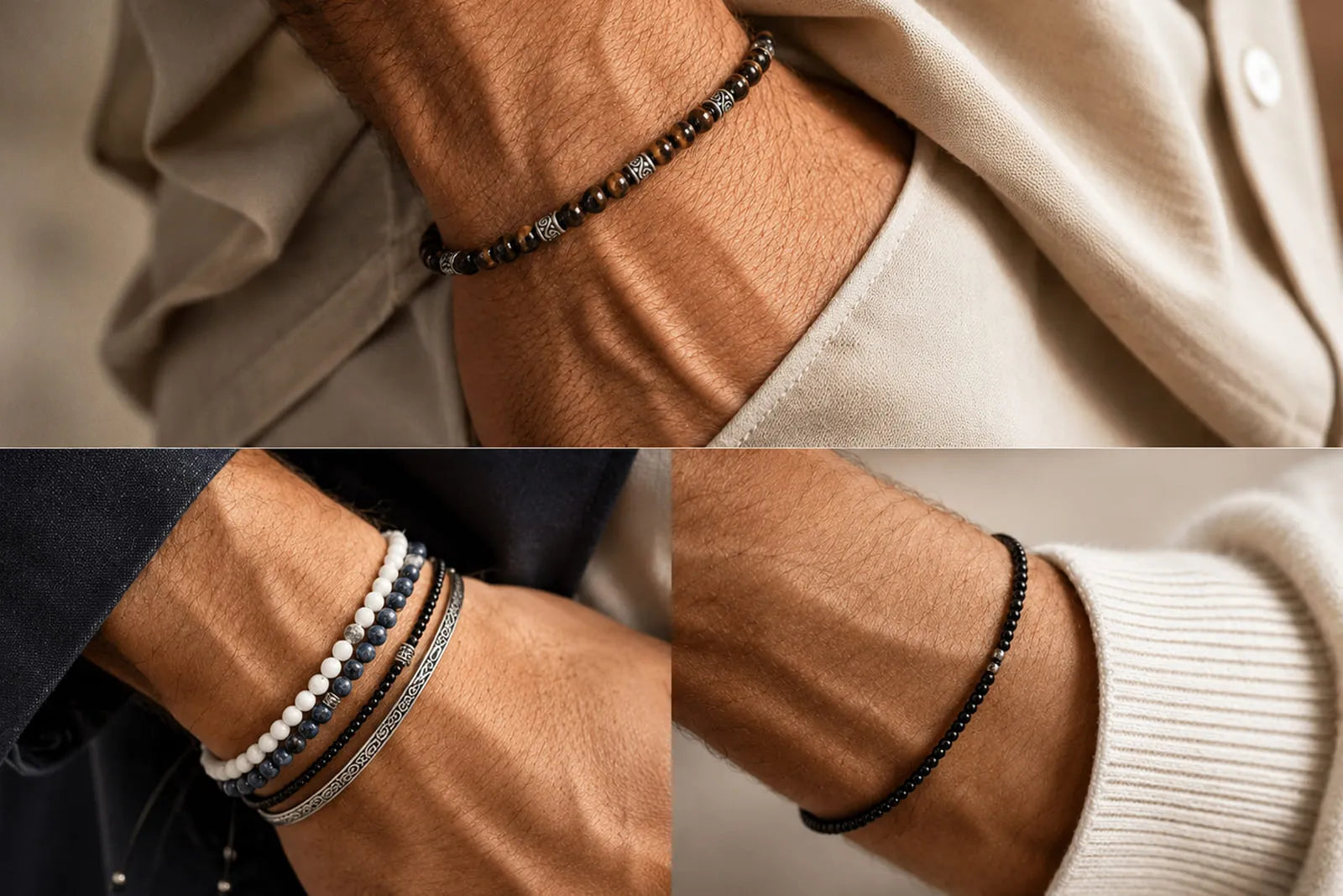 Best Beaded Bracelets for Men, featuring black, white, blue and tiger’s eye bead bracelets worn