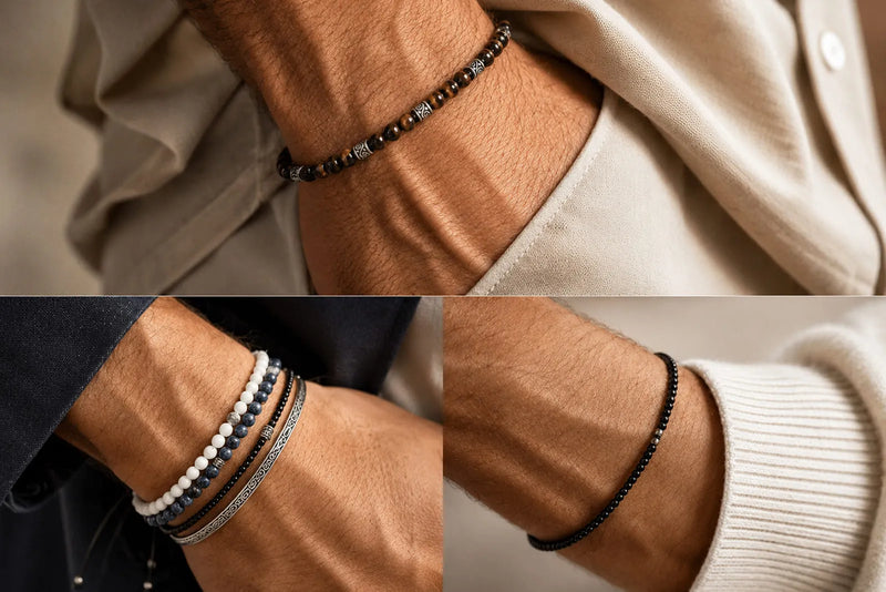 Best Beaded Bracelets for Men, featuring black, white, blue and tiger’s eye bead bracelets worn