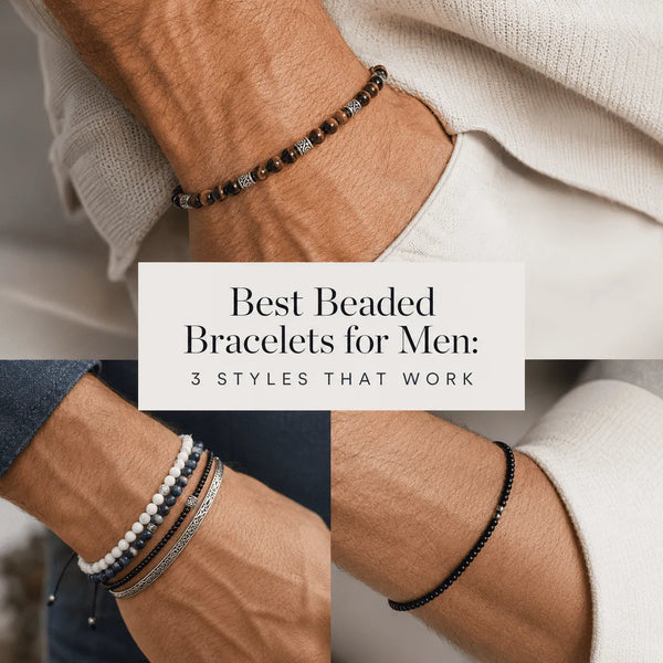 Best beaded bracelets for men shown in three styles, including tiger eye, stacked stone, silver, and black bead designs.