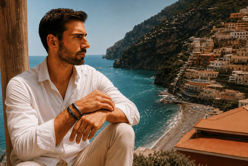 Best Jewelry for Summer worn by a man in a white linen shirt overlooking the Amalfi Coast and Mediterranean Sea.