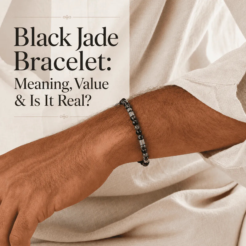 Black jade bracelet on a man’s wrist with the heading Black Jade Bracelet: Meaning, Value & Is It Real?