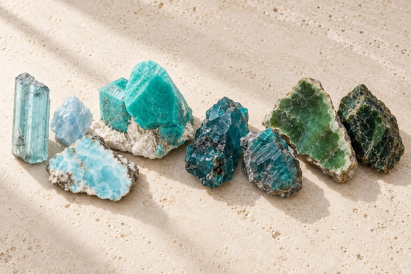 Blue green gemstones in rough natural forms arranged on a light stone surface