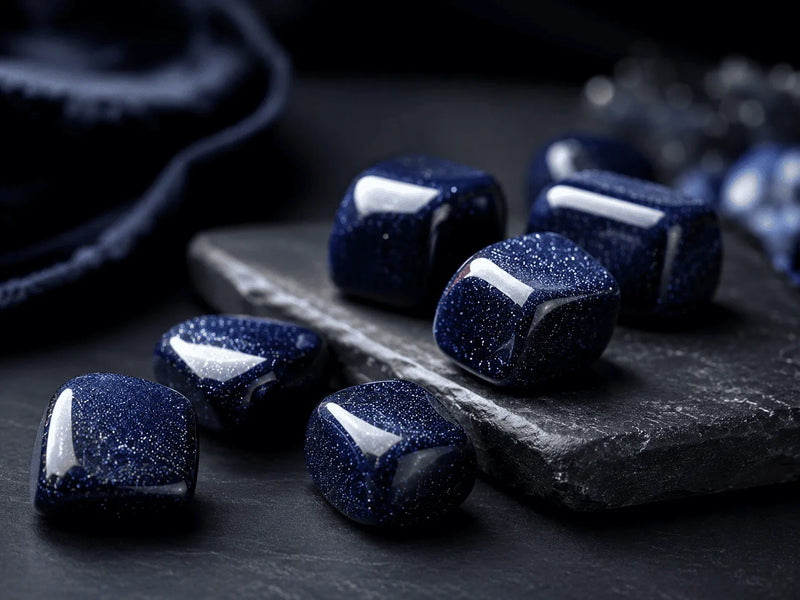 Blue sandstone with deep navy tones and sparkling flecks arranged on a dark slate surface.
