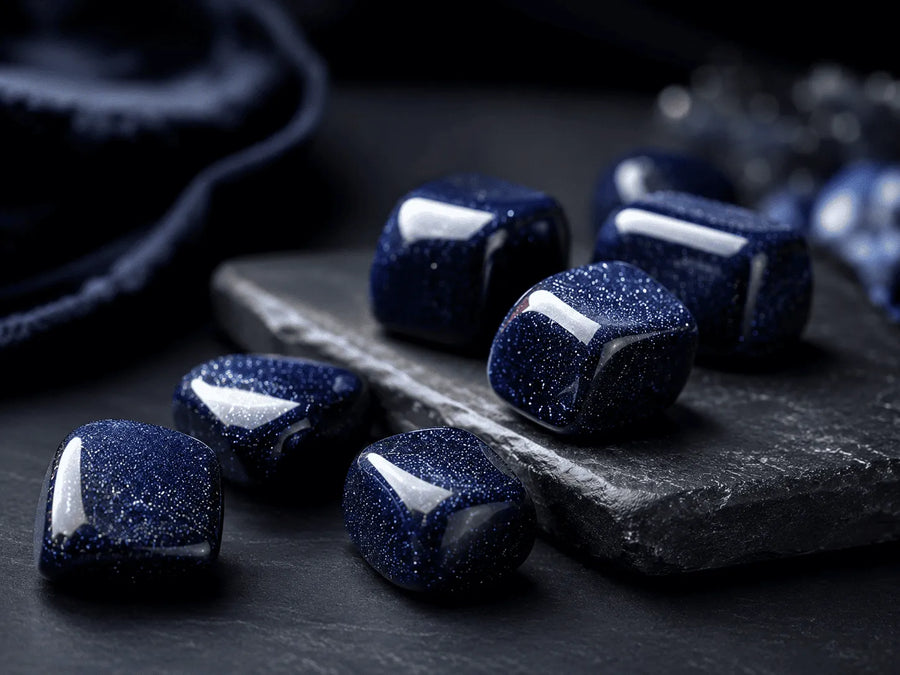 Blue sandstone with deep navy tones and sparkling flecks arranged on a dark slate surface.
