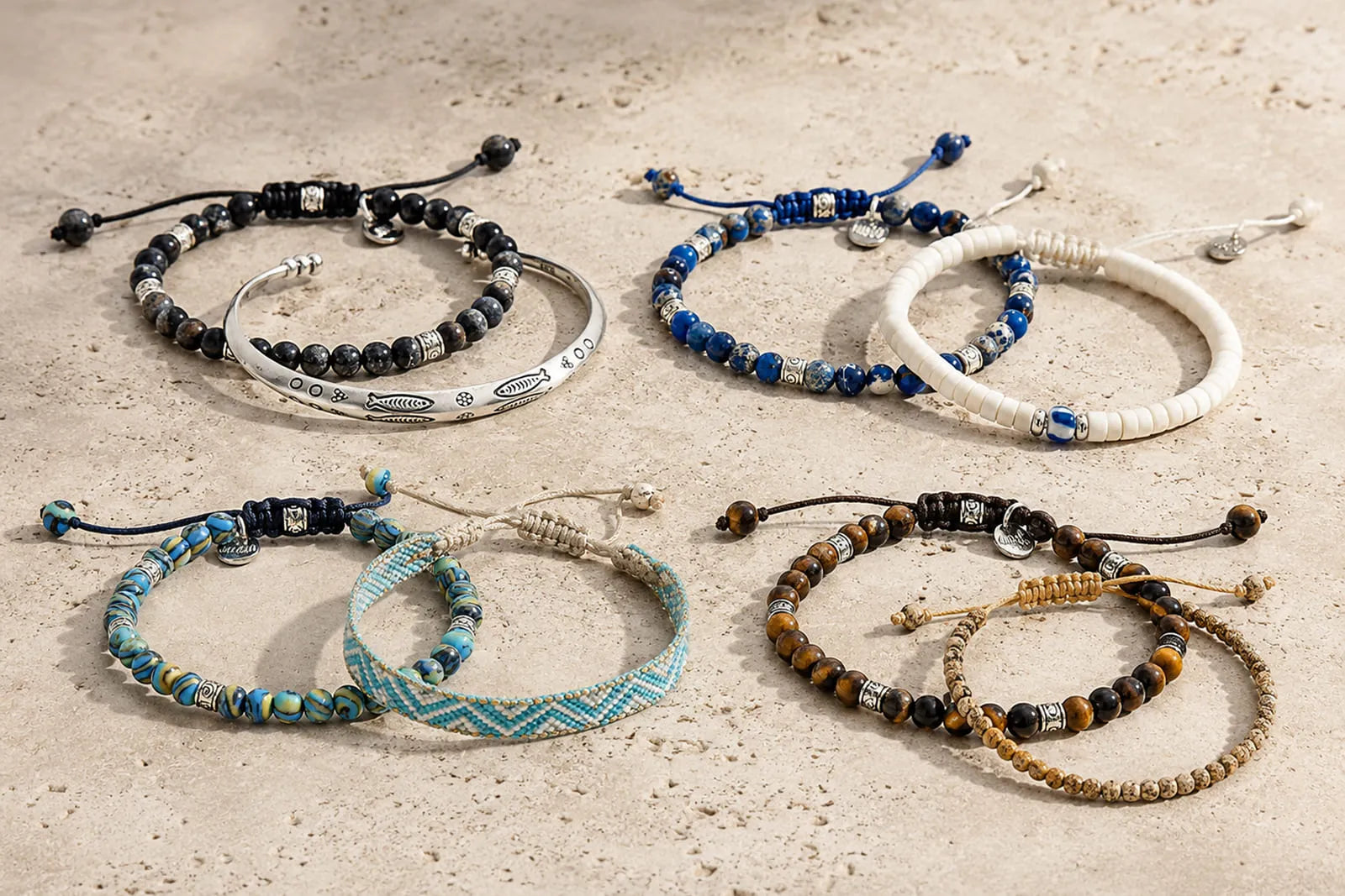 Bracelet color combos featuring black, silver, blue, white, turquoise, brown and beige men’s bracelets