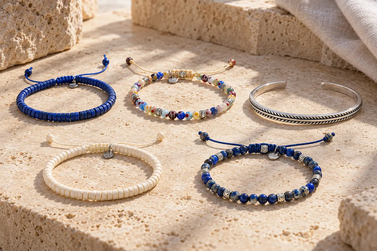 Five bracelet ideas for men featuring blue and white clay beads, colorful glass beads, silver cuff, and blue gemstone bracelets on beige stone.