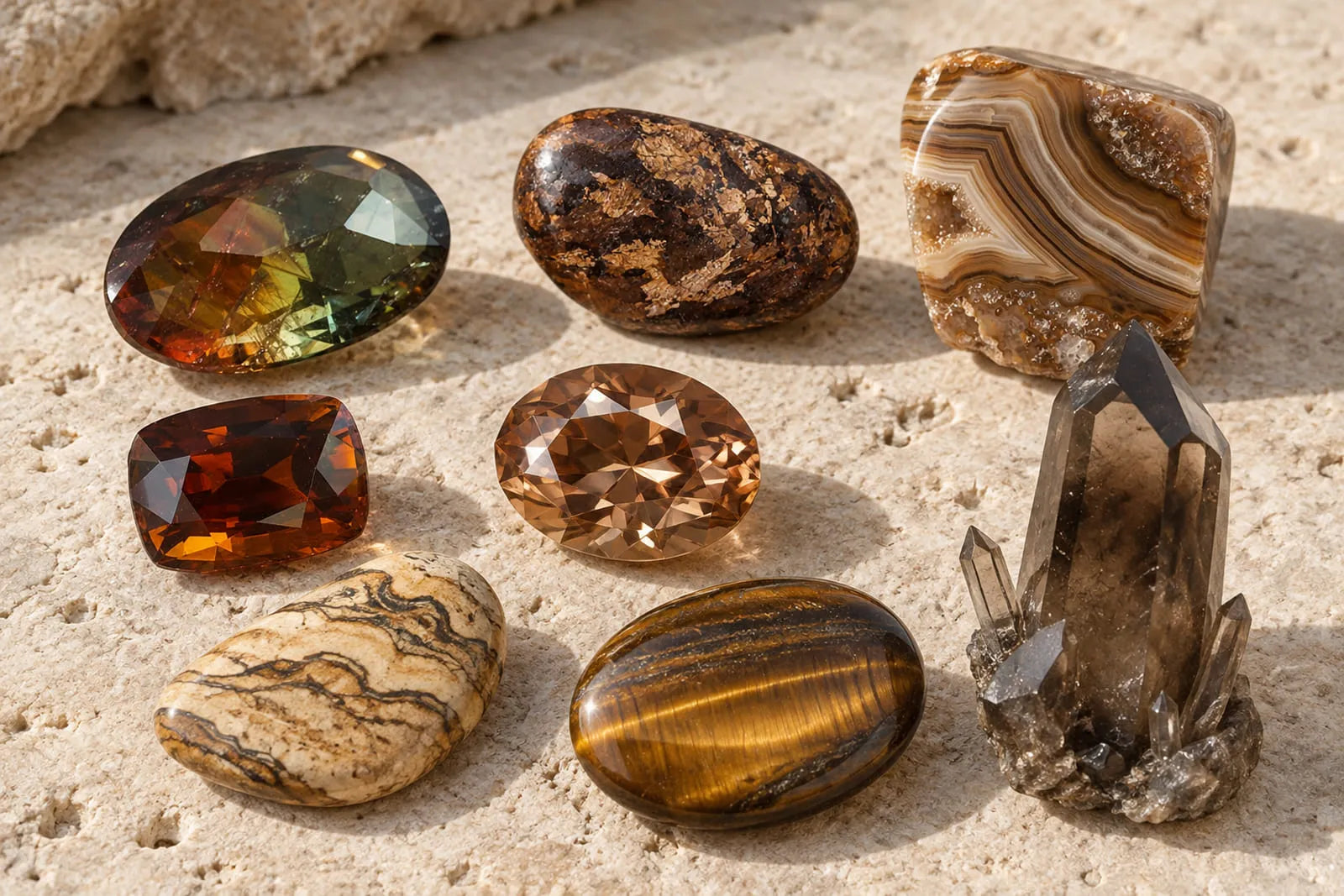 Brown gemstones arranged on pale travertine, showing faceted, polished, banded and crystal specimens in warm brown tones.