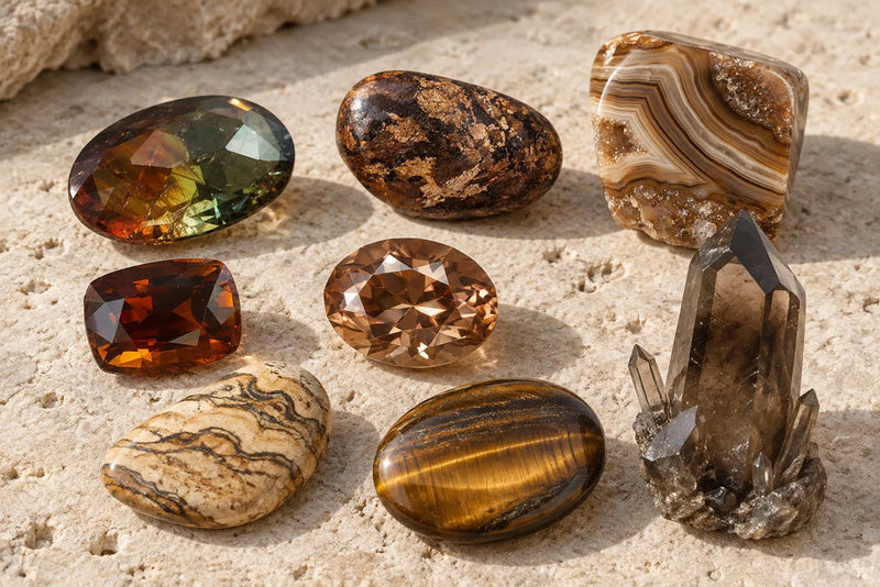 Brown gemstones arranged on pale travertine, showing faceted, polished, banded and crystal specimens in warm brown tones.