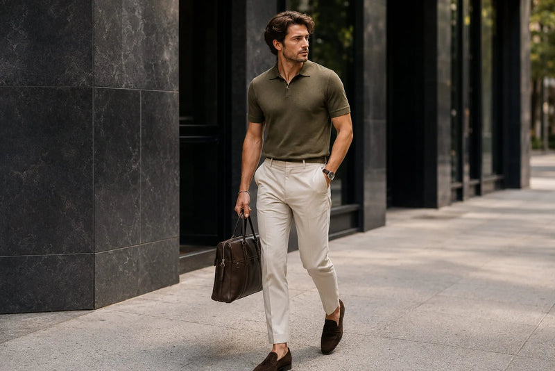 Man wearing an olive knit polo, cream tailored trousers and brown loafers as a business casual outfit