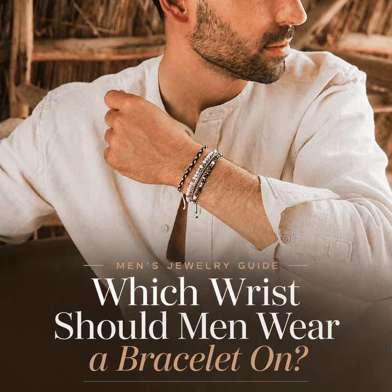 Man wearing stacked bracelets for a men's guide on which wrist to wear a bracelet on.