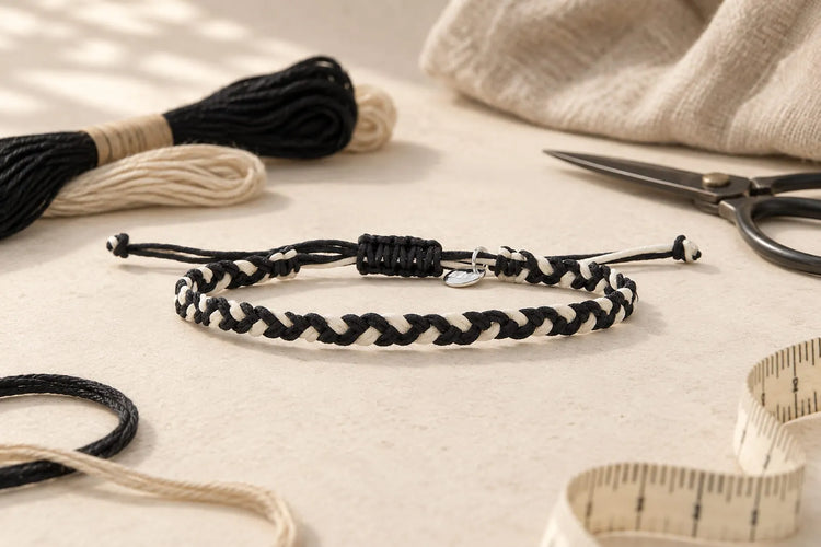 Black and white woven friendship bracelet string with adjustable sliding knot, embroidery floss, scissors, and measuring tape.