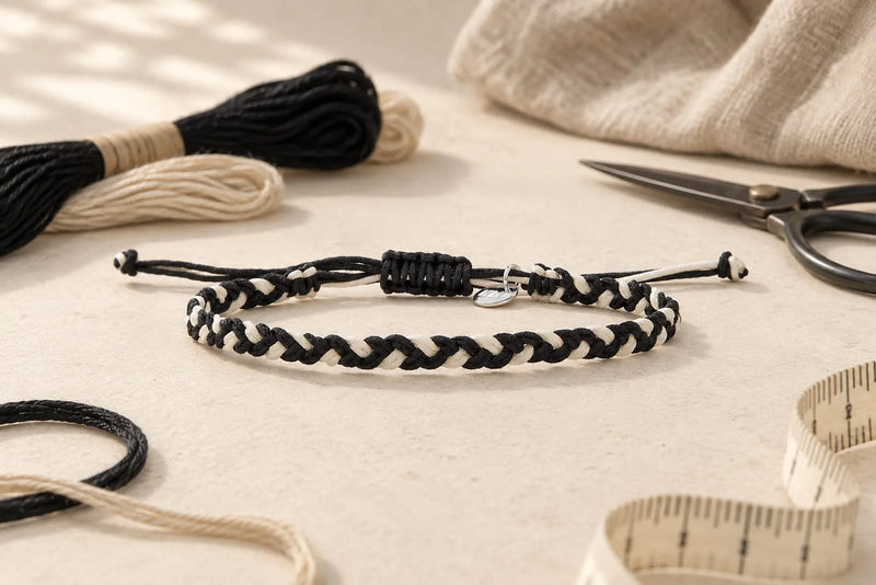 Black and white woven friendship bracelet string with adjustable sliding knot, embroidery floss, scissors, and measuring tape.