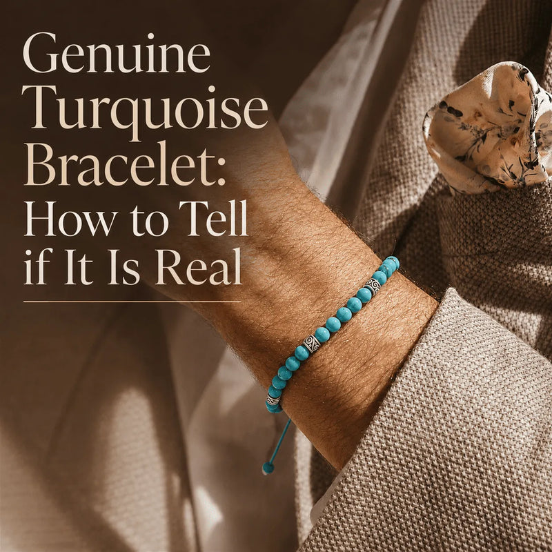 Genuine turquoise bracelet on a man’s wrist with blue beads and silver spacers in a warm lifestyle setting.