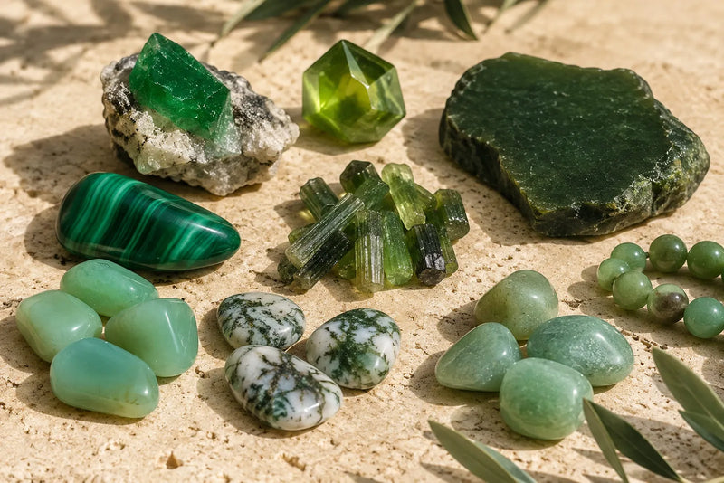 Green gemstones arranged on warm limestone, including malachite, tourmaline, moss agate, aventurine and pale green stones.