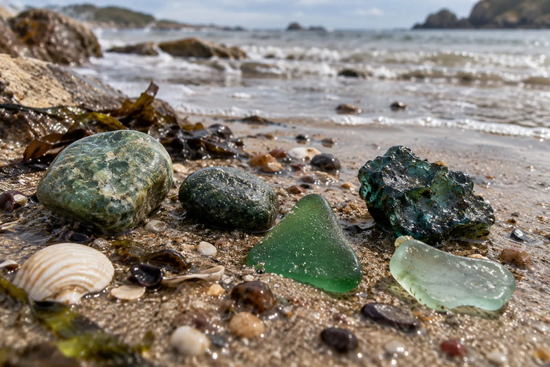 Green stones found on the beach beside sea glass, pebbles, shells, and a dark slag-like fragment