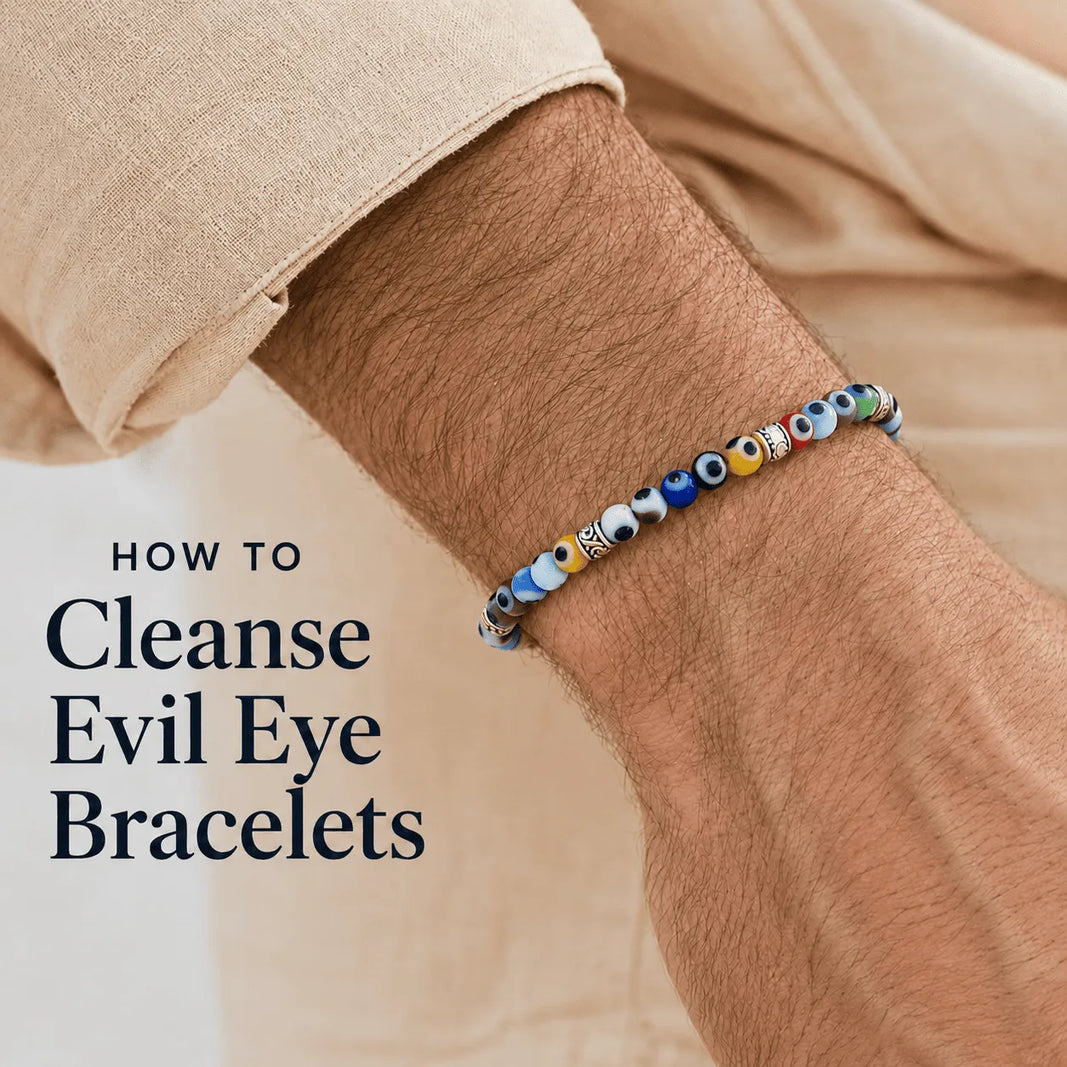 How to cleanse evil eye bracelets with a colorful bracelet worn on a relaxed wrist
