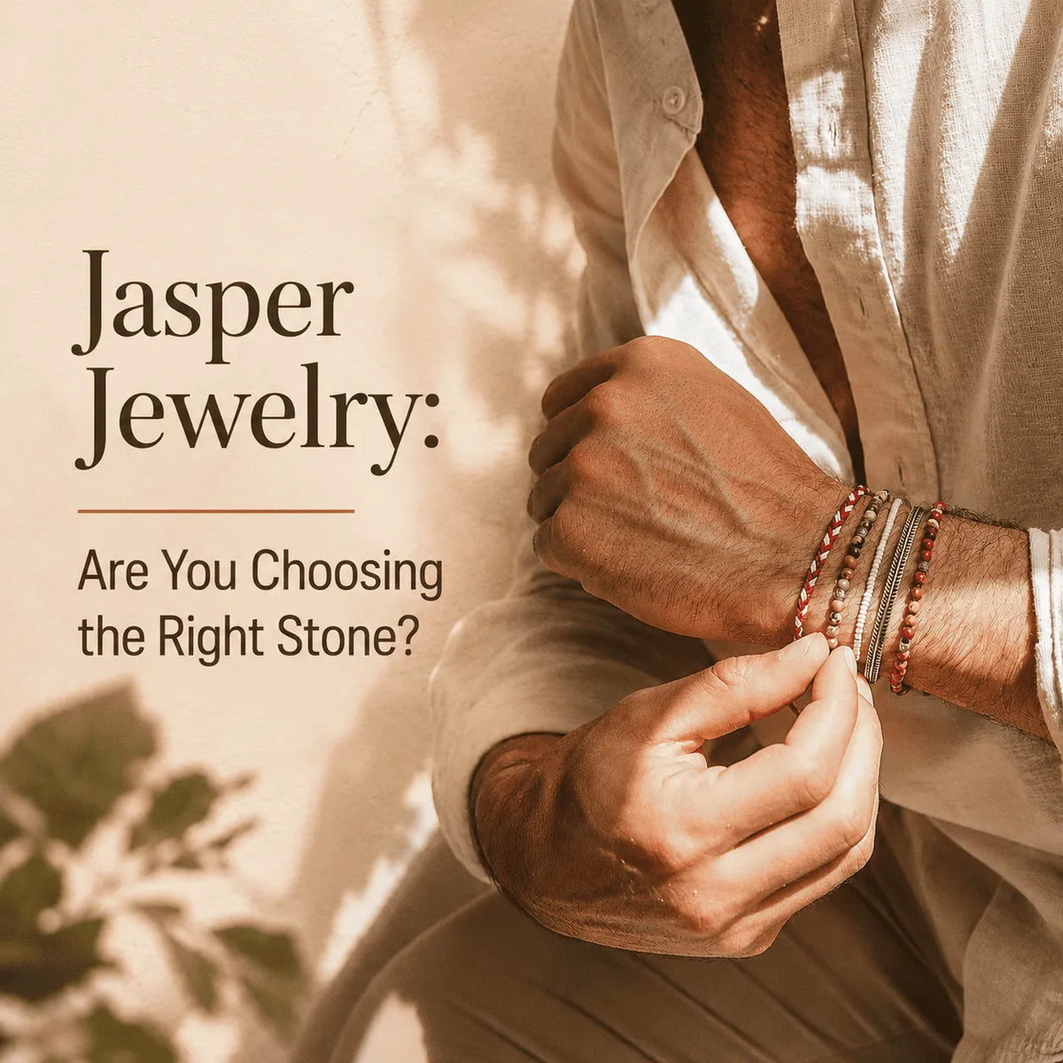 Jasper Jewelry guide cover showing a man wearing stacked bracelets with the headline about choosing the right stone.