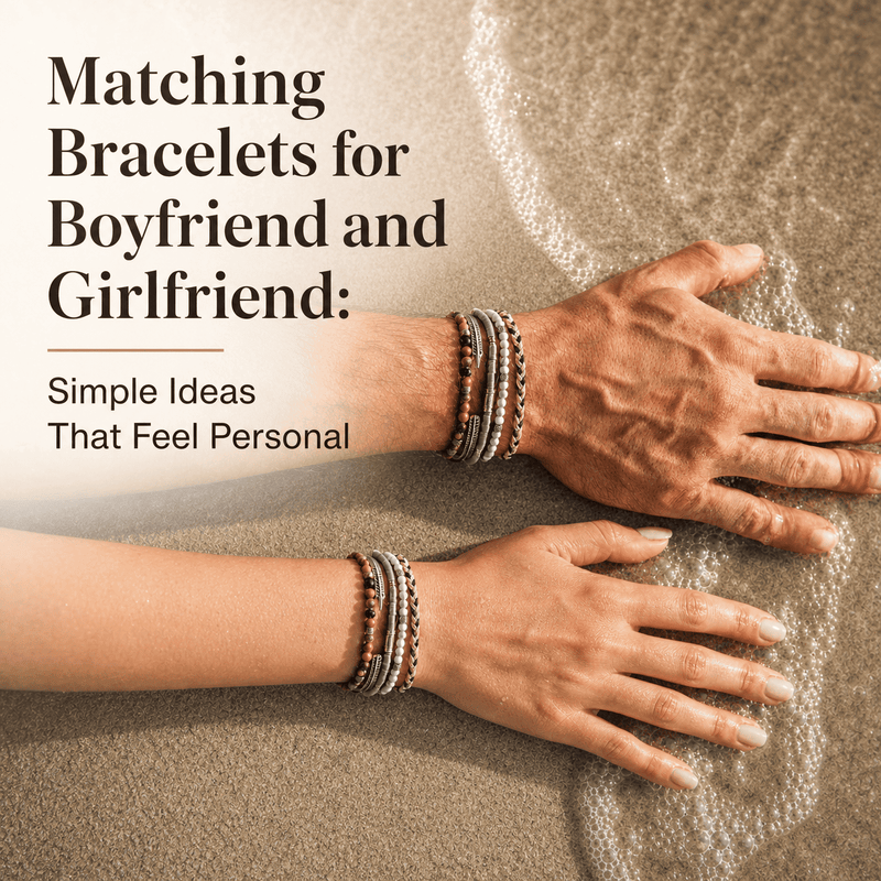 Matching bracelets for boyfriend and girlfriend on a beach, featuring coordinated beaded bracelet stacks for couples.