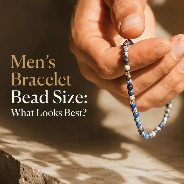 Men’s bracelet bead size guide showing a hand holding a blue beaded bracelet with small stone and metal beads.