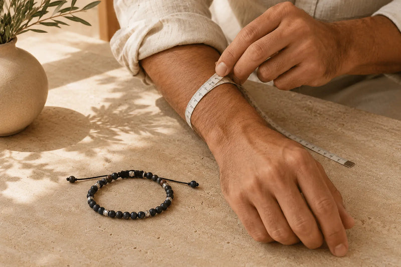 Men's bracelet size chart showing a man measuring his wrist beside a black beaded bracelet on a warm stone table.