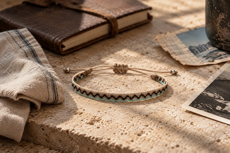 Men’s bracelet with meaning displayed beside a travel journal and personal keepsakes on warm stone.