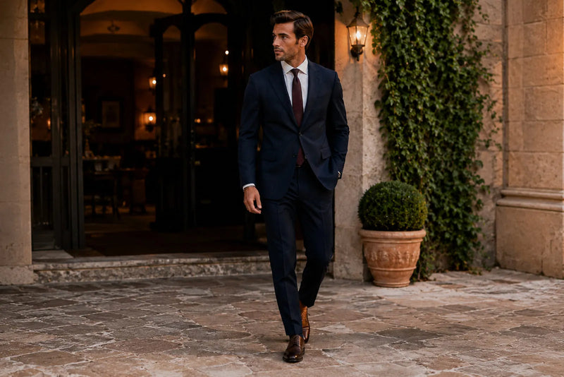 Man wearing a navy suit, white shirt and burgundy tie for an elegant men's cocktail attire look