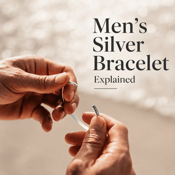 Men’s silver bracelet explained in a square blog cover with hands holding a silver cuff by the sea