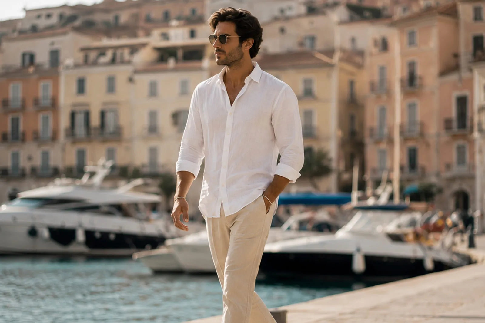 Man wearing a white linen shirt and beige trousers for an elegant men’s summer style by a Mediterranean marina.