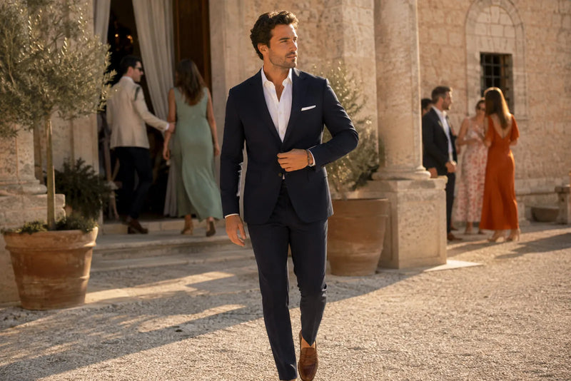 Men's wedding guest outfit with a tailored navy suit, white shirt and brown loafers at an elegant Mediterranean wedding venue