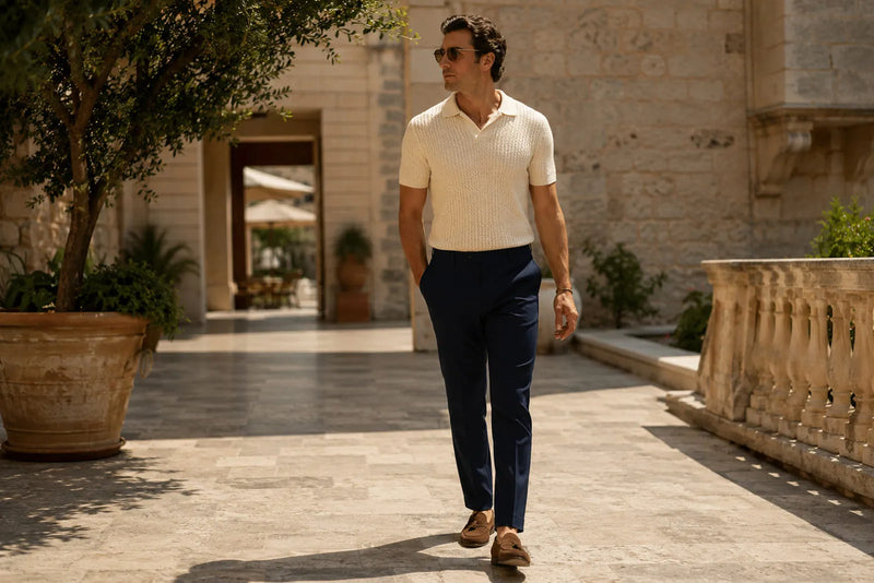 Man wearing a cream knit polo, navy tailored trousers and brown loafers in a Mediterranean courtyard, showing old money style for men.