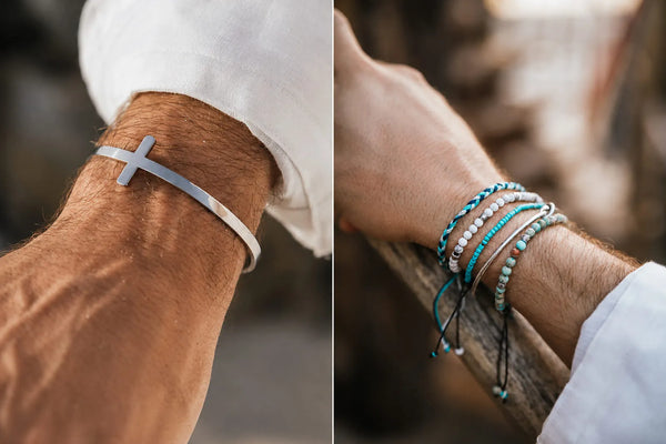 One bracelet or stacking comparison showing a silver cross cuff beside layered turquoise and beaded men’s bracelets.
