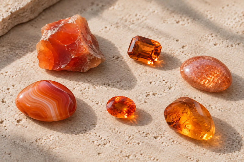 Orange gemstones in rough, faceted, cabochon and polished forms arranged on warm Mediterranean stone.