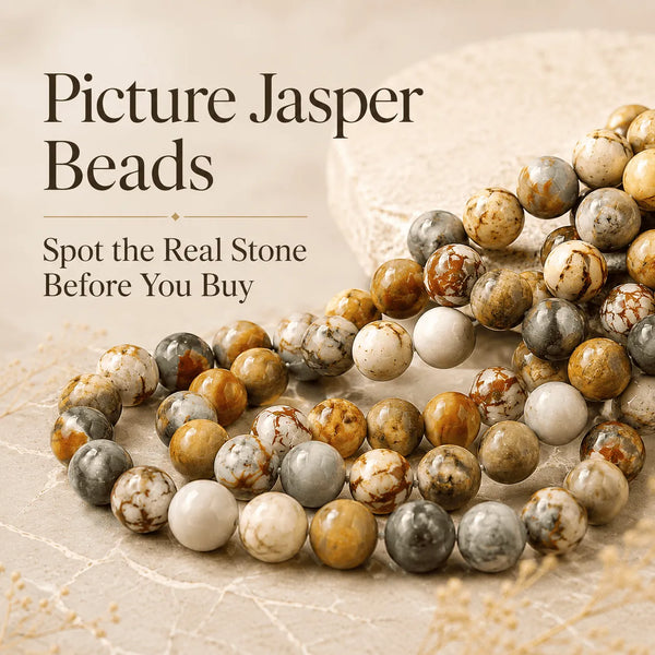 Picture jasper beads blog cover with natural stone beads and headline about spotting the real stone before buying